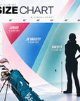 UpSwing Galaxy size chart: Junior 4-club, Jr. Varsity 7-club and Varsity 11-club zones by overall height and wrist-to-floor length